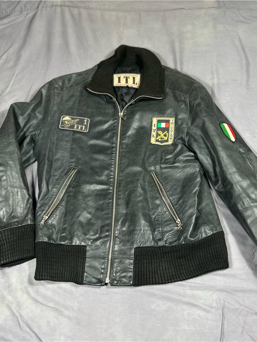 !it jeans Black Leather Bomber Jacket with Patch Detail